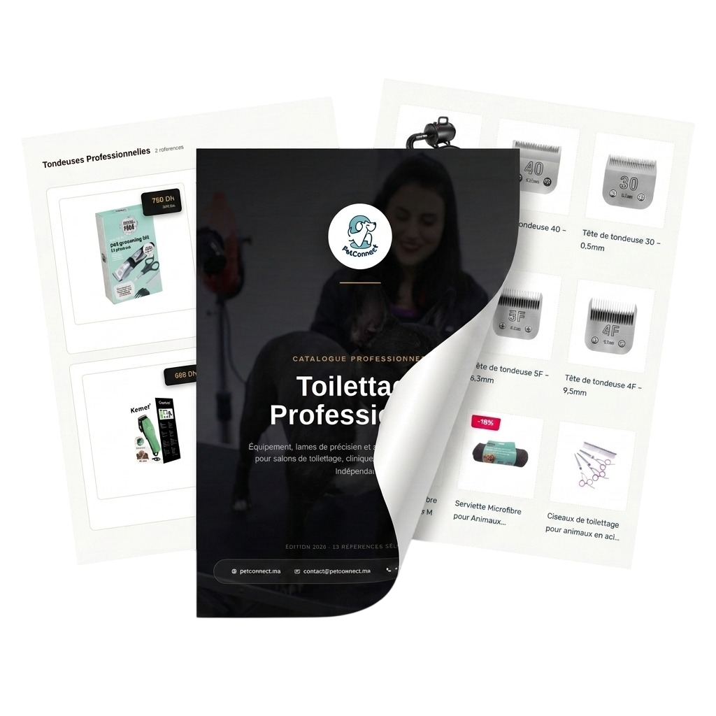 Aperçu du catalogue de matériel de toilettage professionnel PetConnect : tondeuses, lames et accessoires